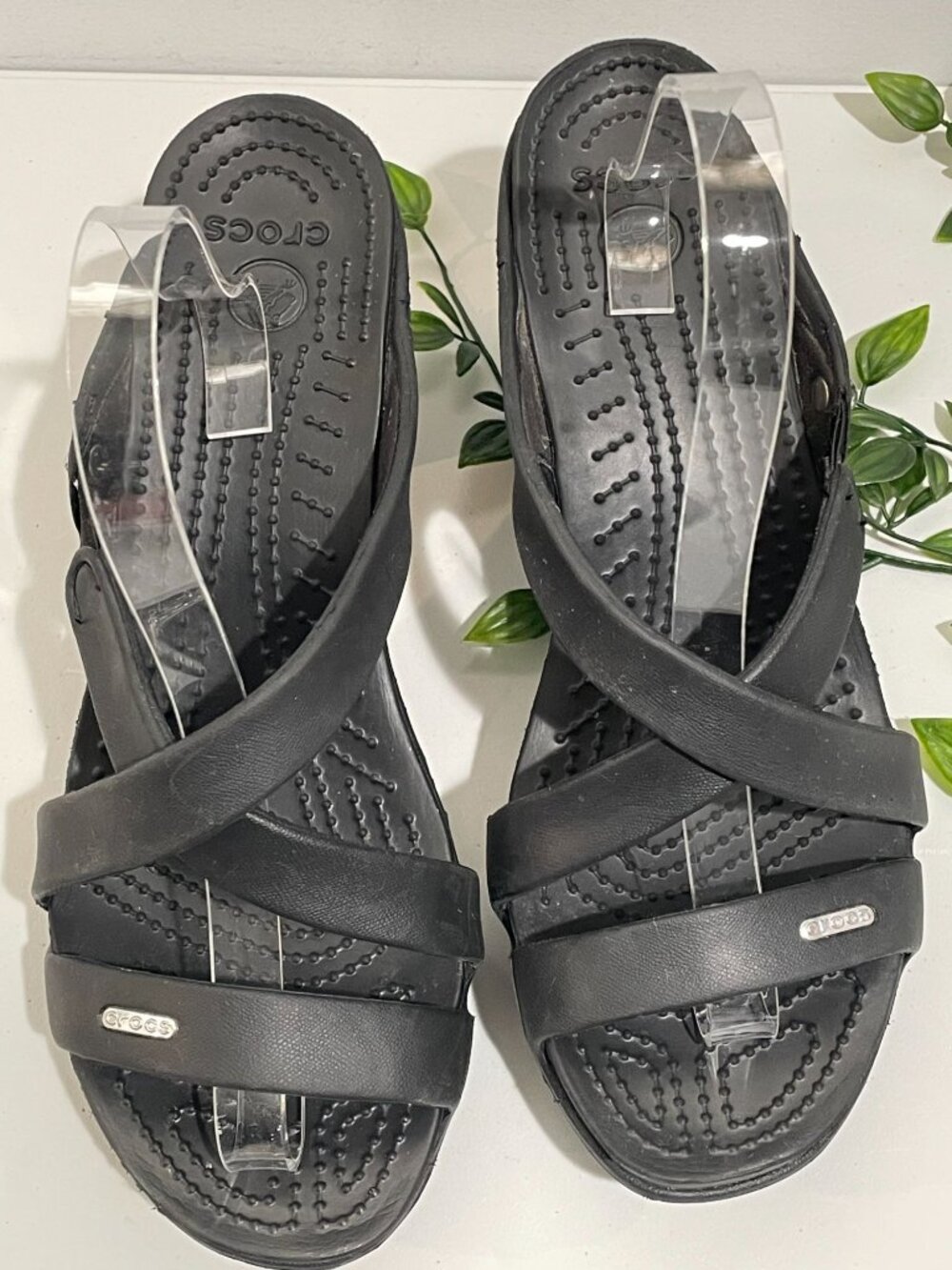 Crocs Sandals Womens Size W10 Black Strappy Slide Block Heel Comfort Rubber